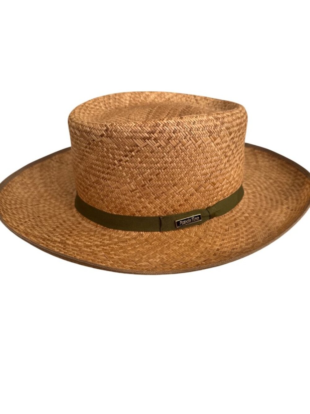 Puerto Fino Wide Brim Straw Boater Hat Olive Green Band Size Large Summer Beach